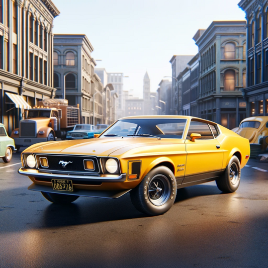 vintage-yellow-mustang-in-the-city-streets-with-airbagit-mustang-coilovers-equipped